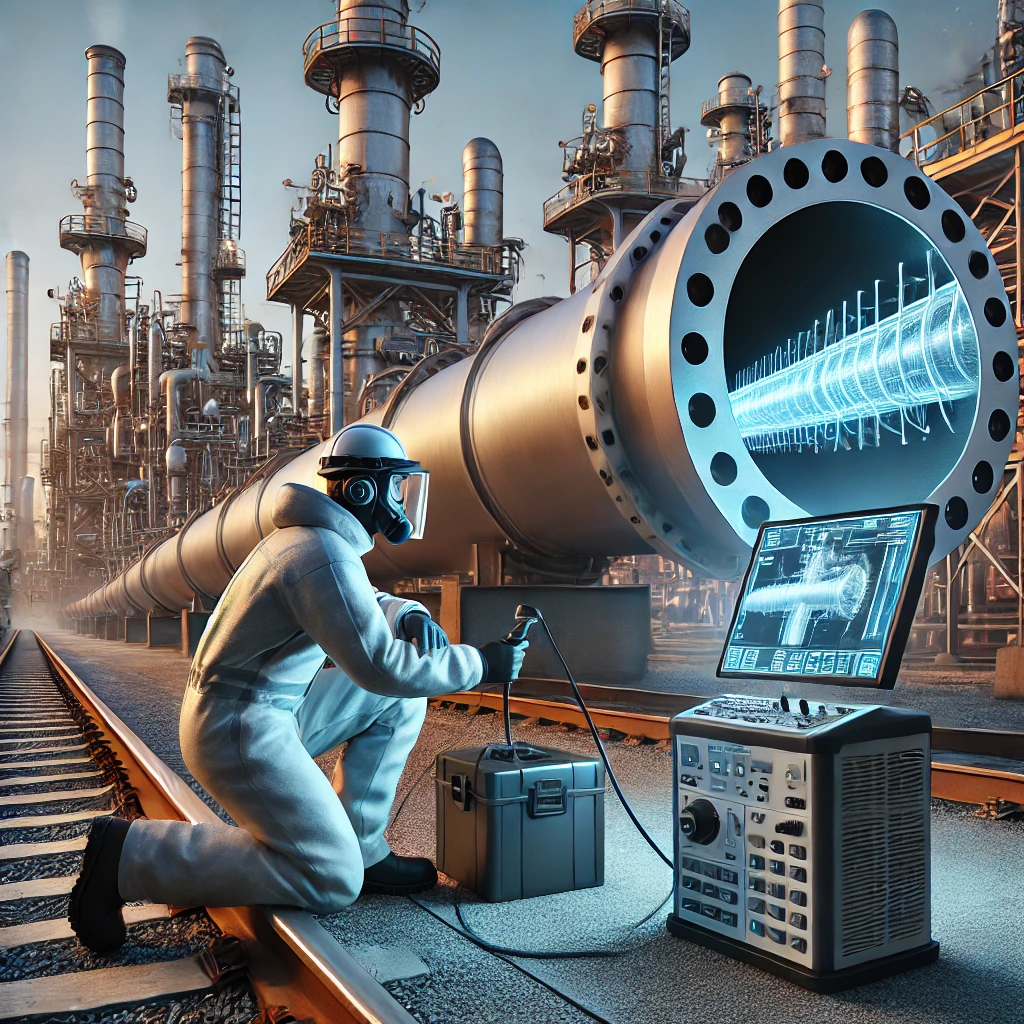 DALL·E 2025-02-20 22.29.21 - A high-quality, detailed illustration of X-ray Non-Destructive Testing (NDT) being conducted on industrial pipelines in a refinery. The image shows a